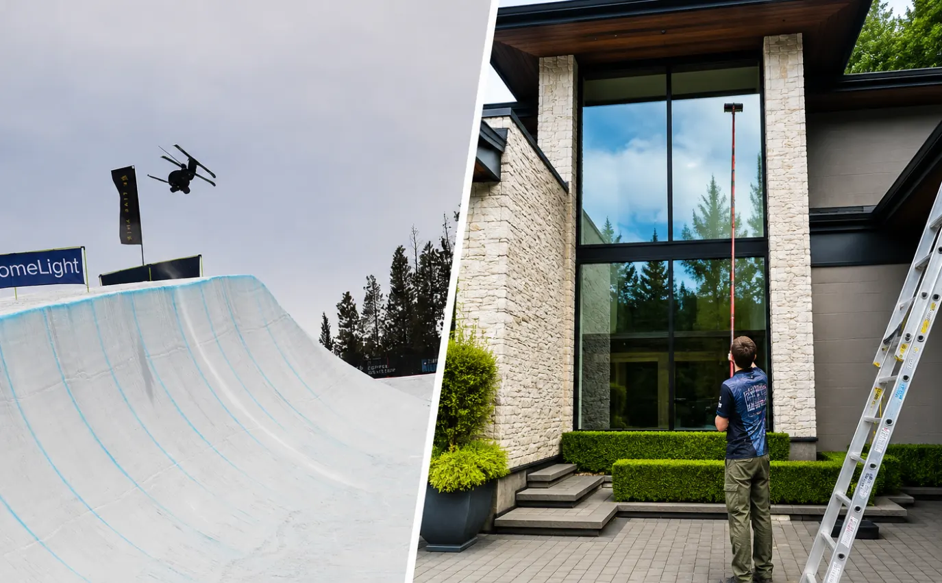 Daniel competing on the halfpipe and cleaning windows on a Calgary home